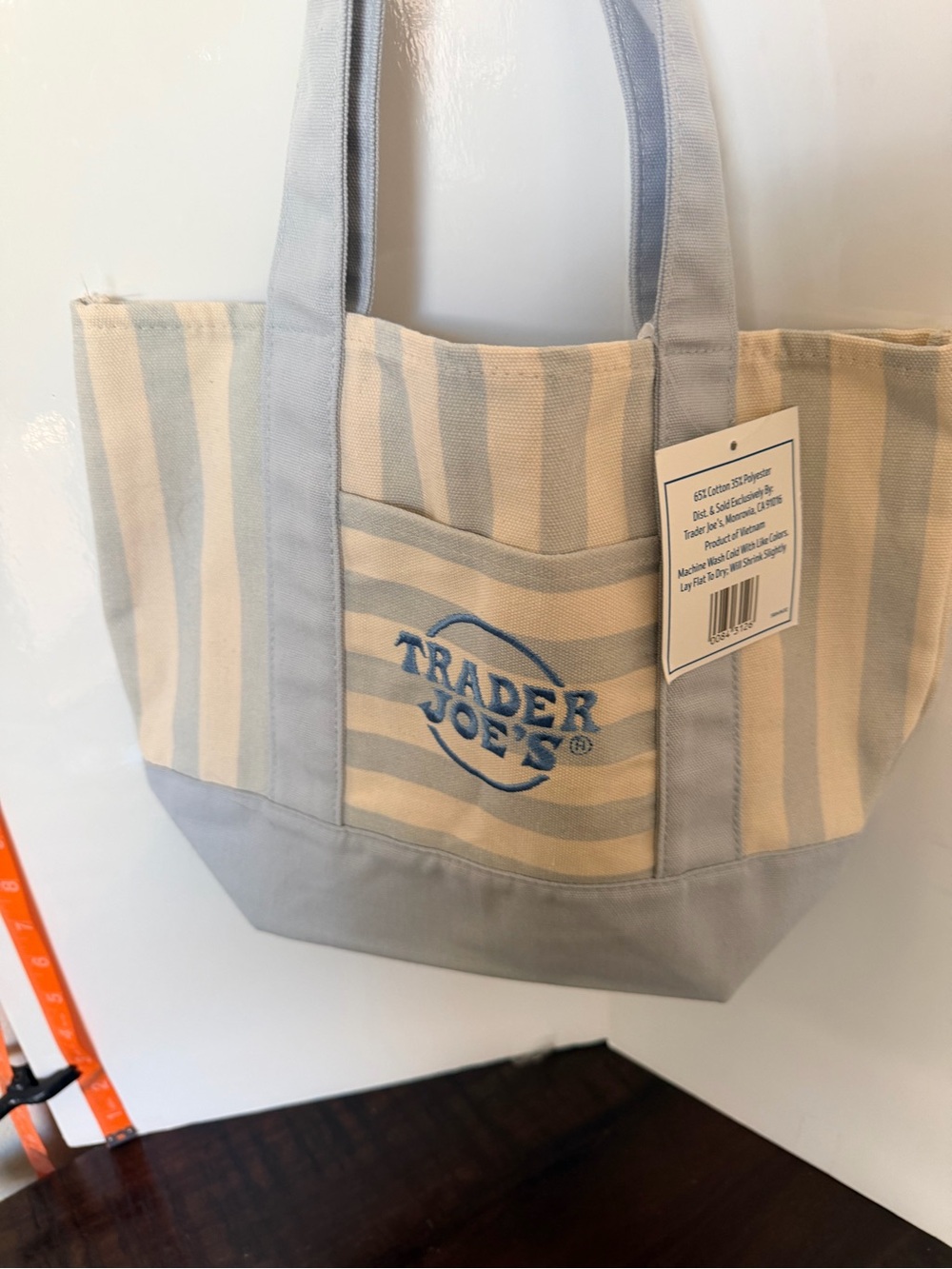Trader Joe's Light Blue & Cream Stripe Canvas Tote